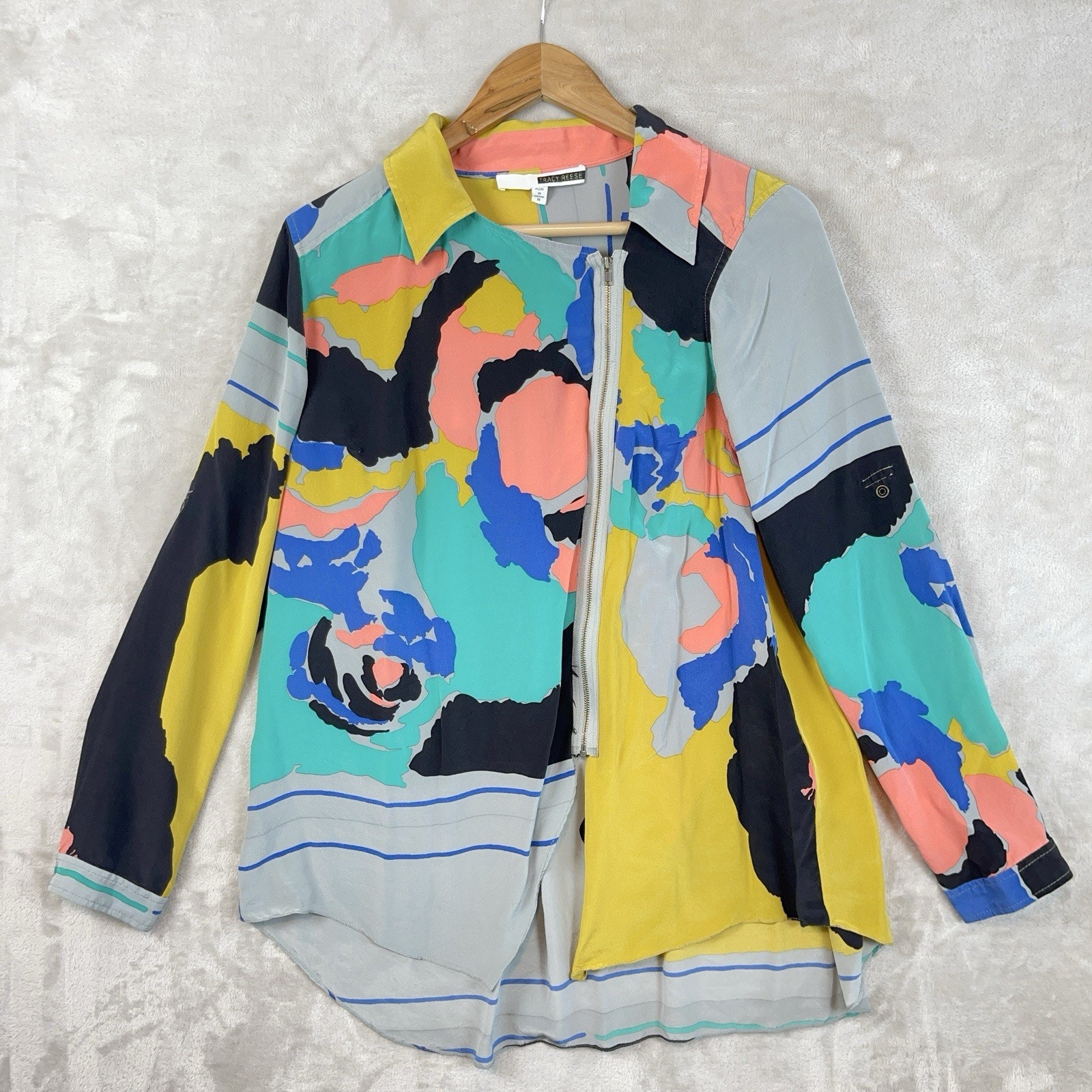 Tracy Reese 100% Silk Abstract Mural Print Zip Front Blouse Med Artsy Painterly